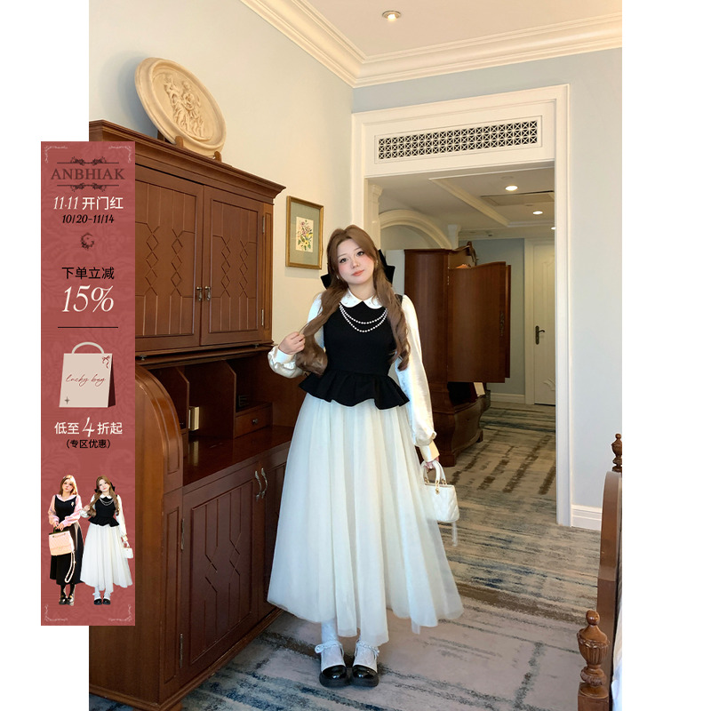 安妮不火 重磅款千金风撞色网纱连衣裙女微胖大码拼接荷叶边裙子