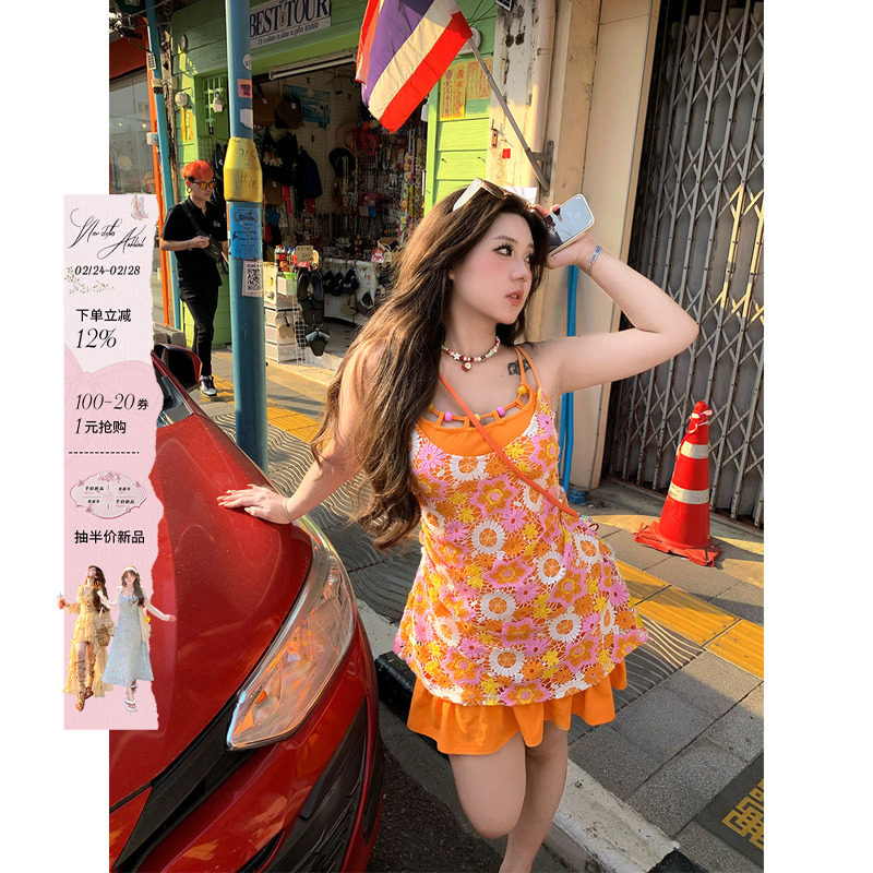 安妮不火元气镂空小雏菊吊带裙女2025春夏新款微胖大码可爱碎花裙