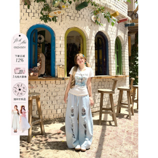 安妮不火汐沫蓝盐松紧腰破洞牛仔弯刀裤 女微胖没打浅色洗水牛仔裤