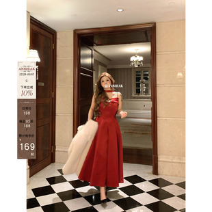 安妮不火 珠光缎面鱼骨腰镶钻领礼服裙女微胖大码收腰年会裙战袍