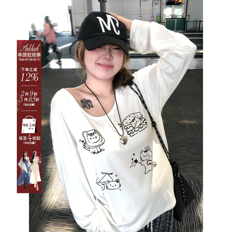 安妮不火 慵懒风宽松趣味印花T恤女2025秋季新款微胖大码长袖上衣,女装/女士精品,T恤,淘宝优惠券,粉丝福利购,淘宝优惠卷