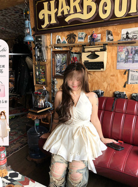 安妮不火 信使花诏绣花镂空挂脖绑带背心女微胖大码收腰公主上衣