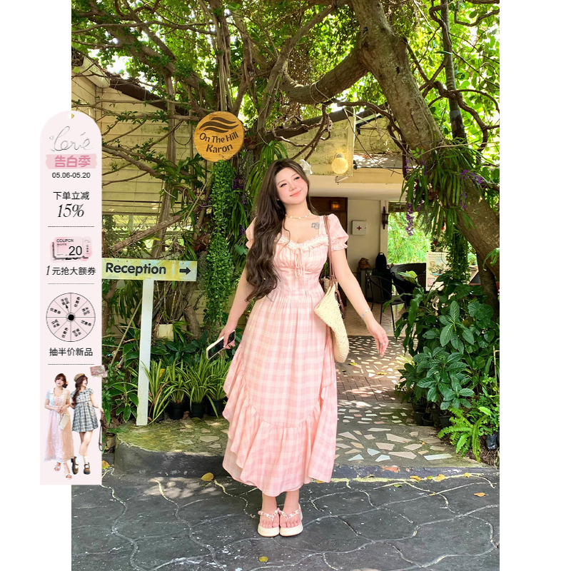 安妮不火南法温柔风格纹公主裙女2025夏季新款微胖大码格子连衣裙