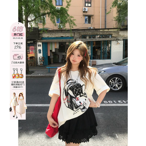 安妮不火 甜睫漫刊甜酷kitty印花针织T恤女微胖大码宽松短袖上衣