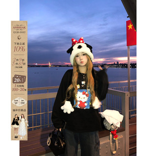 上衣 宽松长袖 安妮不火 日常休闲kitty印花磨毛宽松T恤女微胖大码