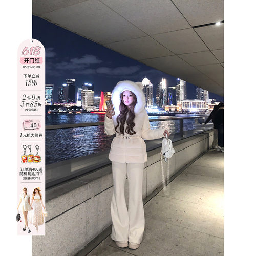 安妮不火 仿貂毛皮草拼接收腰连帽棉外套女微胖大码千金毛领棉衣
