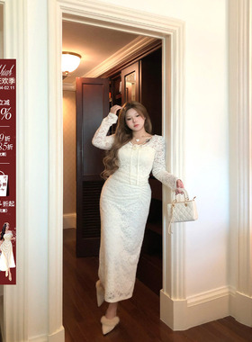 安妮不火 御姐系雪尼尔蕾丝V领开叉连衣裙女微胖大码气质长裙套装