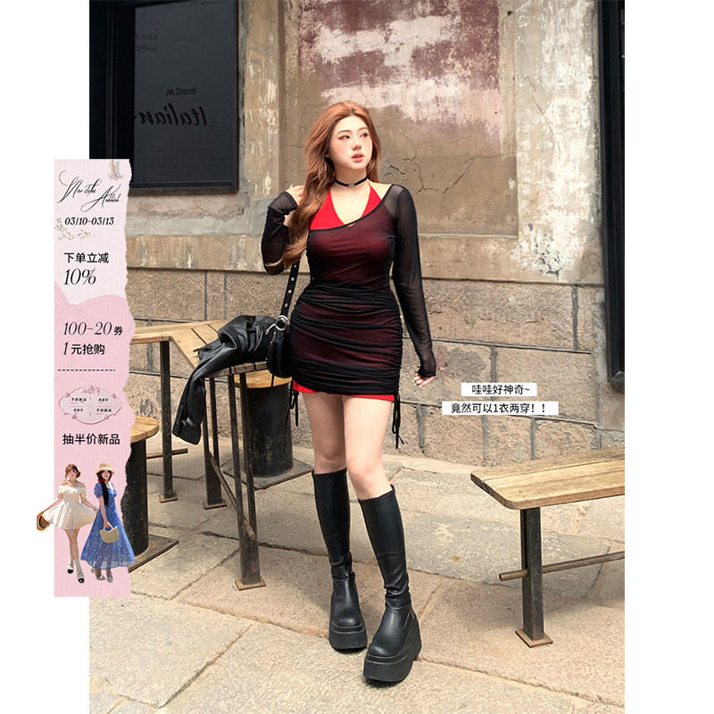 安妮不火纯欲抽绳网纱针织连衣裙女2024夏季新款微胖大码性感裙子