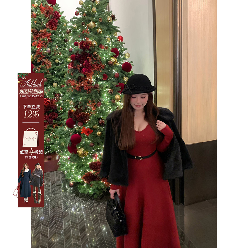 安妮不火 da牌感菱形格翻领环保皮草外套女微胖大码名媛风两件套