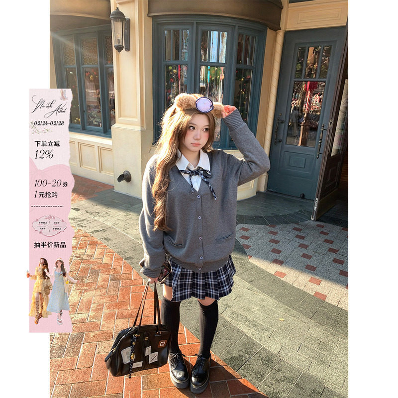 安妮不火 日系学院风开衫&amp;衬衫&amp;百褶裙女微胖大码显瘦女高三件套