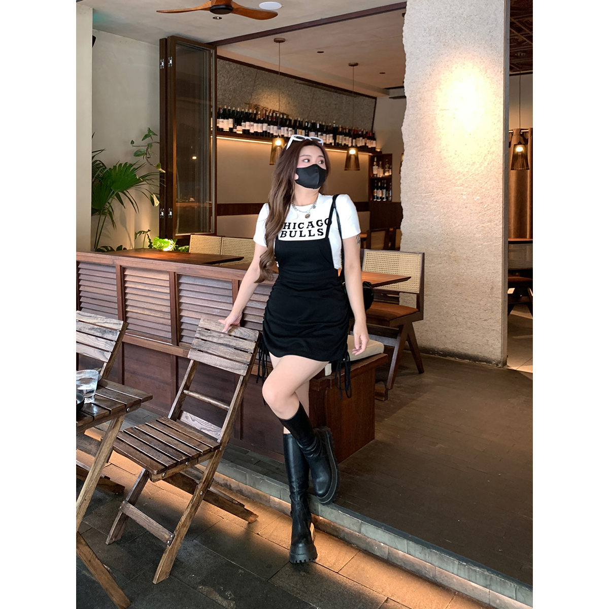 安妮不火 活泼减龄套装女收腰2023夏季新款微胖大码背带裙短袖T恤