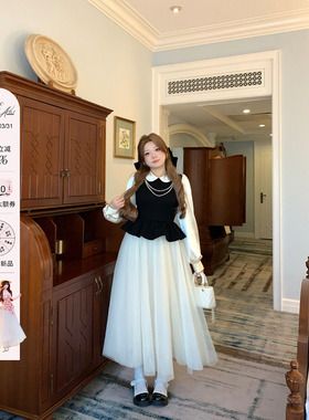 安妮不火 重磅款千金风撞色网纱连衣裙女微胖大码拼接荷叶边裙子