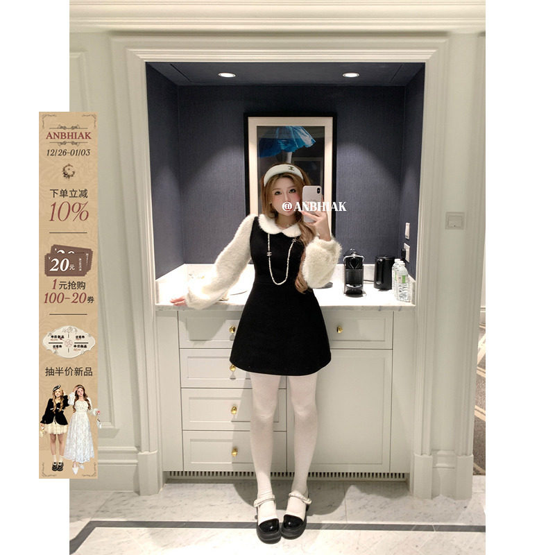 安妮不火 撞色微米短绒拼接呢子连衣裙女微胖大码假两件收腰裙子 - 安妮不火