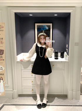 安妮不火 撞色微米短绒拼接呢子连衣裙女微胖大码假两件收腰裙子