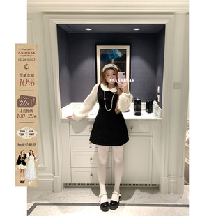 安妮不火 假两件收腰裙子 撞色微米短绒拼接呢子连衣裙女微胖大码