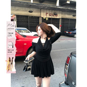 收腰名媛裙 针织小黑裙女微胖大码 安妮不火 设计感挂脖荡领五分袖