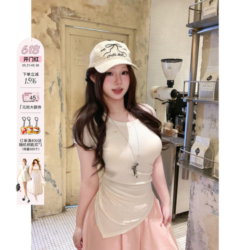 安妮不火 三色自留!缩褶收腰高弹针织T恤女微胖大码修身纯色上衣