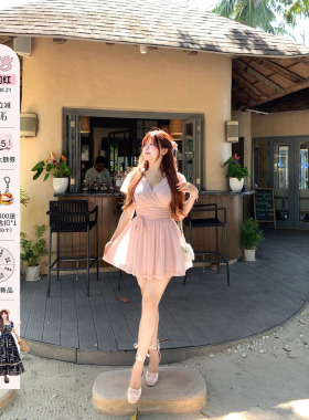 安妮不火 蕾丝拼接绑带收腰弹力网纱连衣裙女微胖大码显瘦气质裙