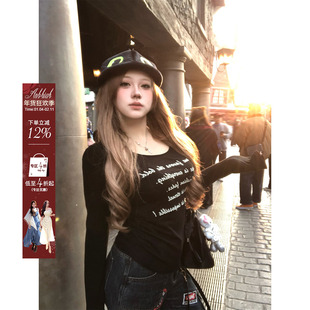 安妮不火 休闲风丝网字母印花缩褶收腰T恤女微胖大码内搭长袖上衣