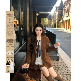 灯芯绒西装 纹贴布绣三件套女微胖大码 外套 减龄学院风格 安妮不火