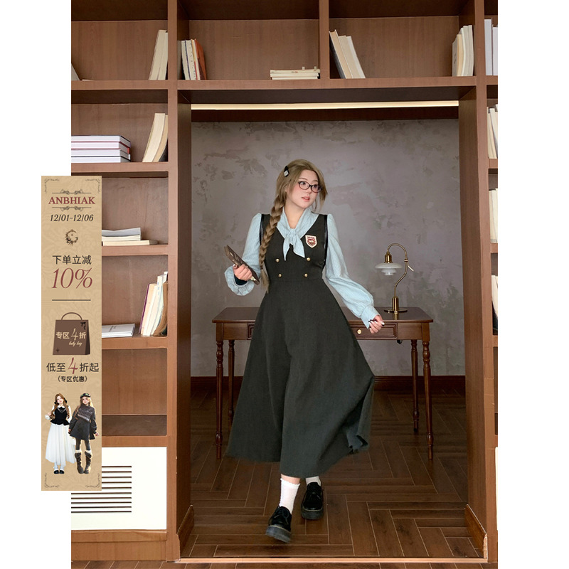安妮不火 学院风TR西装料条纹拼接连衣裙女秋微胖大码假两件裙子
