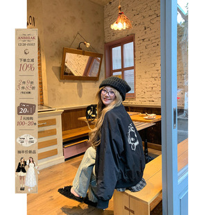 安妮不火oversize格纹拼接凯蒂猫涂鸦夹克女微胖大码 宽松显瘦外套