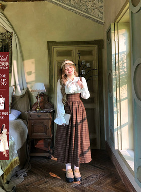 安妮不火 显白焦糖栗子色格纹拼接系带长裙女微胖大码学院连衣裙