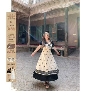 安妮不火 名族风连衣裙 釉泊梳羽波西米亚撞色流苏长裙女微胖大码