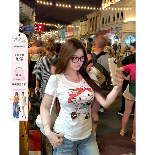 安妮不火 基础不挑人凯蒂喵印花T恤女微胖大码可爱显瘦短袖上衣