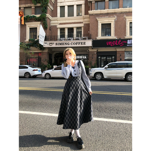 安妮不火 假两件收腰裙 文艺复古海军领格纹拼接连衣裙女微胖大码
