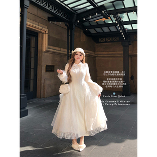 安妮不火 娃娃领欧根纱拼接绞花毛织裙女微胖大码收腰重工连衣裙