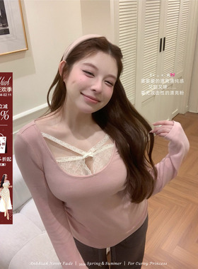 安妮不火  纯欲蕾丝拼接缩褶收腰高弹针织T恤微胖大码收腰长袖T恤