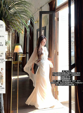 安妮不火银戒吻痕气质鱼骨雪纺女神拖尾裙女新款微胖大码半透视裙