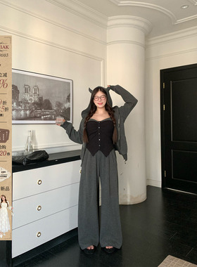 安妮不火慵懒周末outfit冰岛绒针织三件套女微胖大码休闲卫衣套装