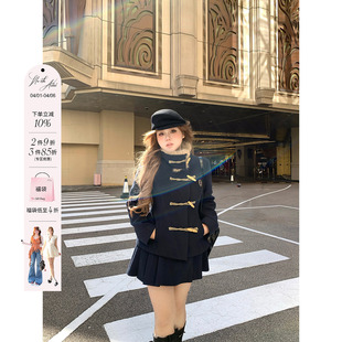 百褶裙套组女微胖大码 英伦风两件套 学院夹棉毛领呢外套 安妮不火