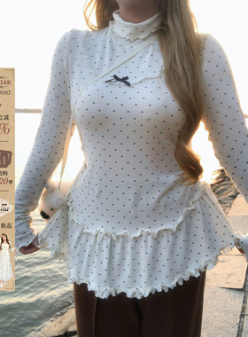 安妮不火 甜美系波点印花蕾丝花边针织衫女微胖大码可爱长袖上衣