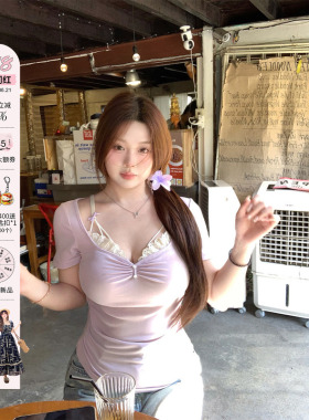 安妮不火 假两件花边拼接领莱赛尔高弹T恤女微胖大码纯欲收腰上衣