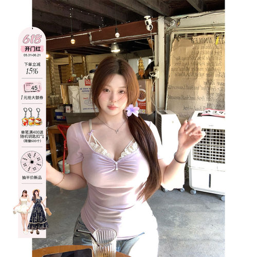 安妮不火 假两件花边拼接领莱赛尔高弹T恤女微胖大码纯欲收腰上衣