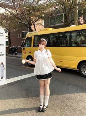 安妮不火 棉提花肌理娃娃领花边衬衫女微胖大码可爱风小衬衣