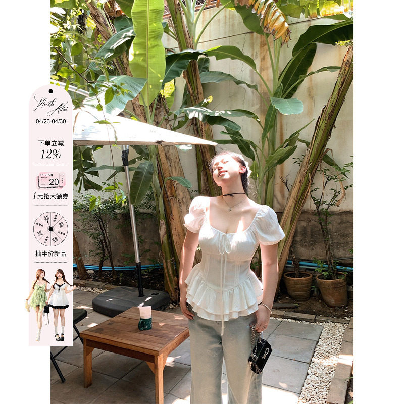 安妮不火肌理感荷叶边下摆泡泡袖收腰衬衫女微胖大码显瘦方领小衫