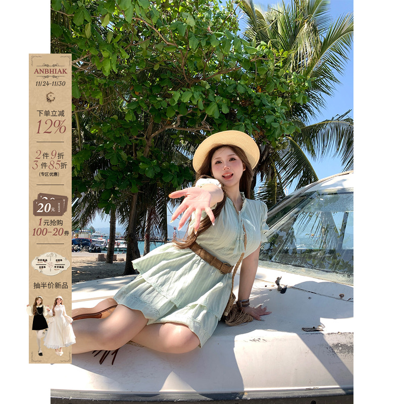 安妮不火 浅海波嬉风淡盐系泡泡袖连衣裙微胖大码度假风短袖裙子
