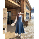 背带裙 灯笼袖 安妮不火 假两件毛绒针织拼接呢料连衣裙女微胖大码