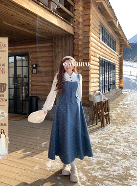 安妮不火 假两件毛绒针织拼接呢料连衣裙女微胖大码灯笼袖背带裙