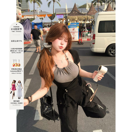 安妮不火 串珠绑带撞色假两件高弹针织T恤女微胖大码拼接收腰上衣