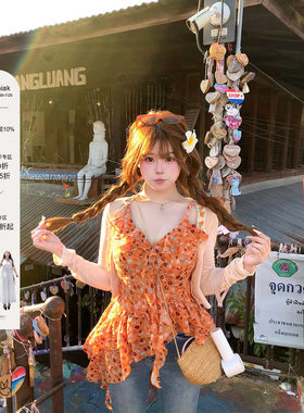 安妮不火 泡泡雪纺纱不规则荷叶边碎花吊带女微胖大码设计感小衫