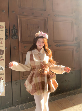 安妮不火 甜美毛绒针织拼接呢料格纹花苞裙女微胖大码收腰公主裙