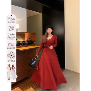 安妮不火 收腰连衣裙 气质收腰3米大伞摆高弹V领针织裙女微胖大码