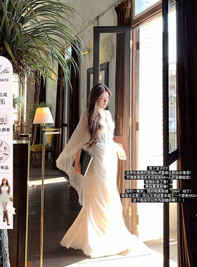 安妮不火银戒吻痕气质鱼骨雪纺女神拖尾裙女新款微胖大码半透视裙