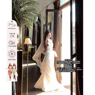 安妮不火银戒吻痕气质鱼骨雪纺女神拖尾裙女新款微胖大码半透视裙