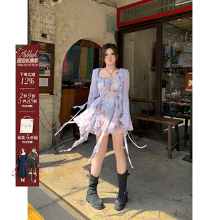 吊带裙子 微胖大码 安妮不火 氛围感油画碎花雪纺裙女2025春夏新款